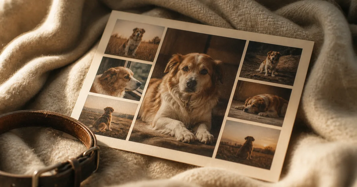 Un collage photo de chien imprimé et encadré, posé sur une étagère en bois clair