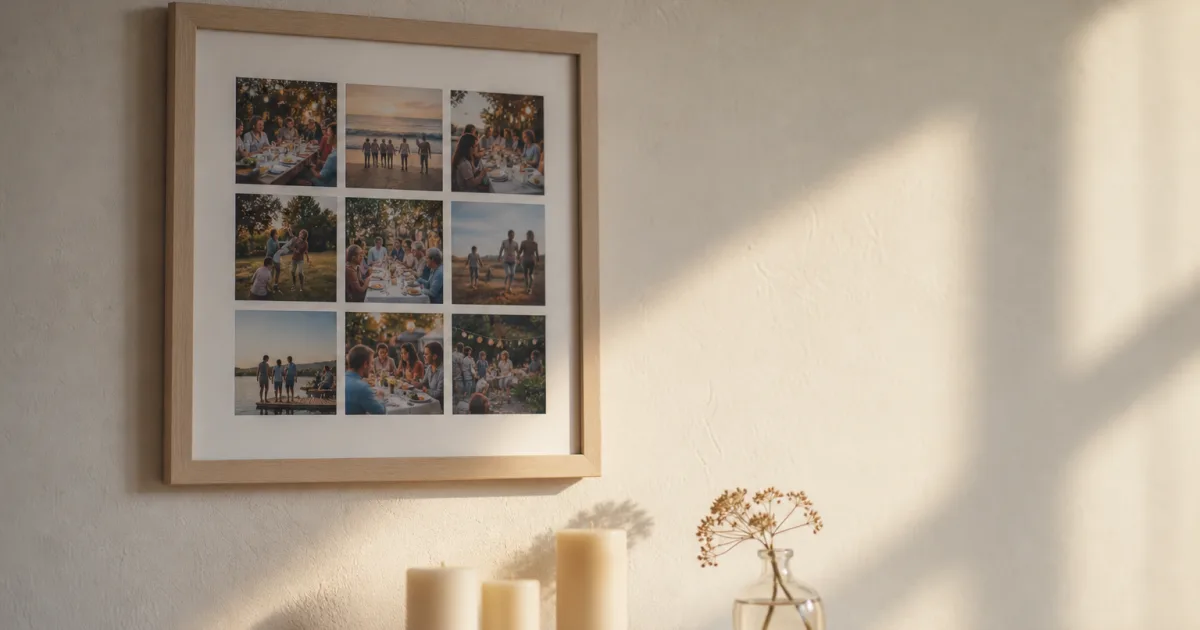 Un collage photo d'anniversaire imprimé posé sur une table, mêlant photos d'enfance et photos récentes, avec une carte manuscrite à côté