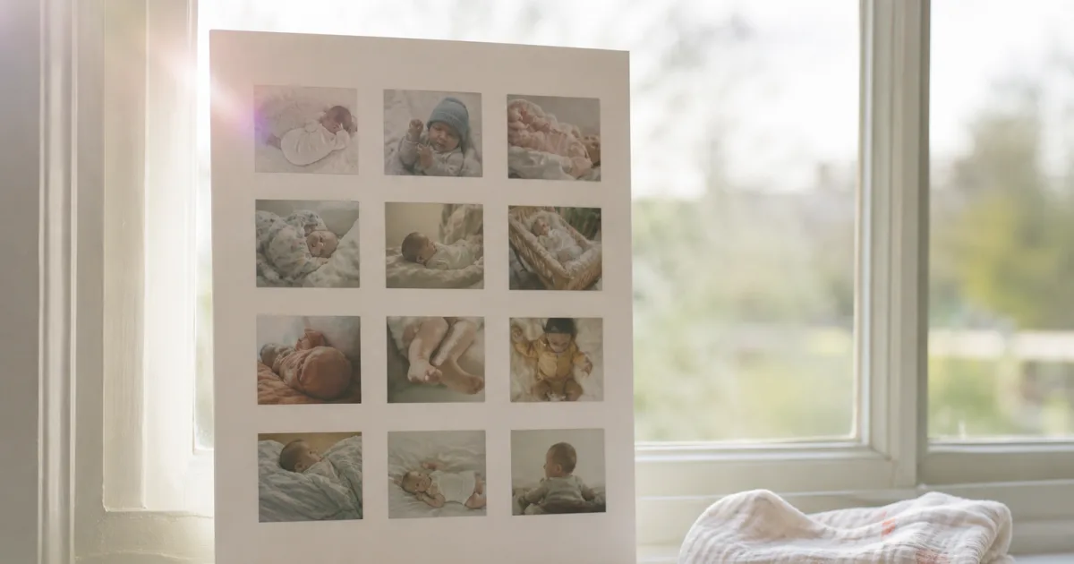 Un collage photo de bébé en grille de douze mois, encadré et posé sur une commode claire