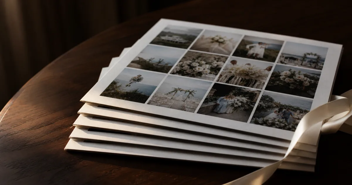 Un collage photo de mariage encadré, posé contre un mur clair à côté d'un bouquet séché