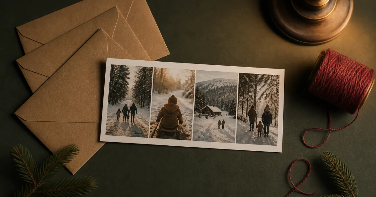 Un collage photo de Noël imprimé en carte, posé sur une table en bois avec une branche de sapin