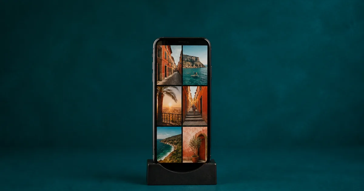 Un téléphone posé sur un bureau affichant un collage photo vertical plein écran