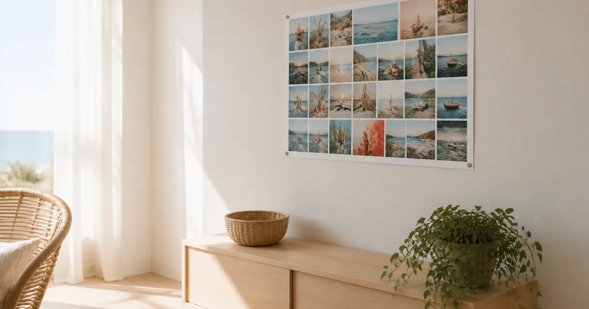 Un collage photo de voyage mêlant plage, rue et repas d'un même séjour, disposé sur un fond clair