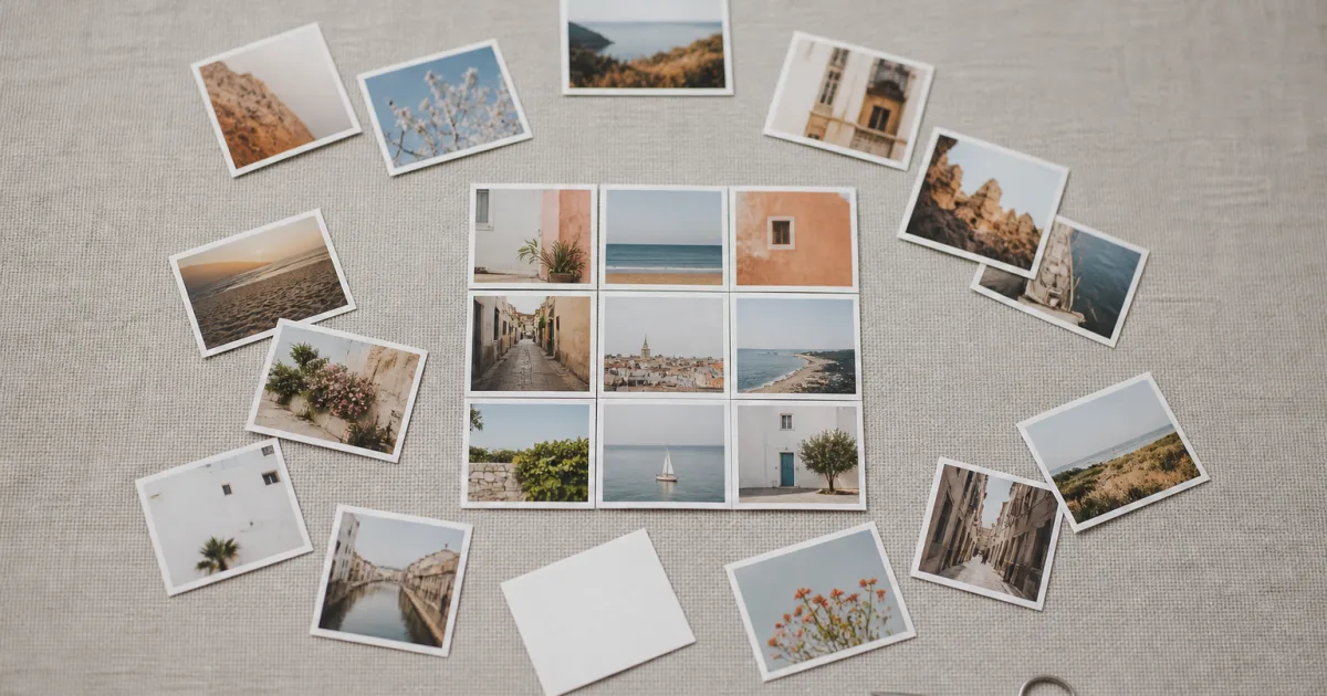 Un collage photo en cours de composition sur un écran d'ordinateur, avec plusieurs photos de vacances posées sur un canevas blanc
