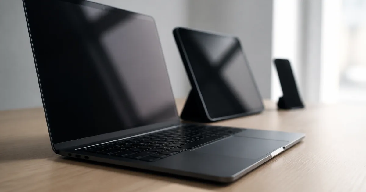 Un ordinateur portable, un téléphone et une tablette posés côte à côte sur un bureau clair