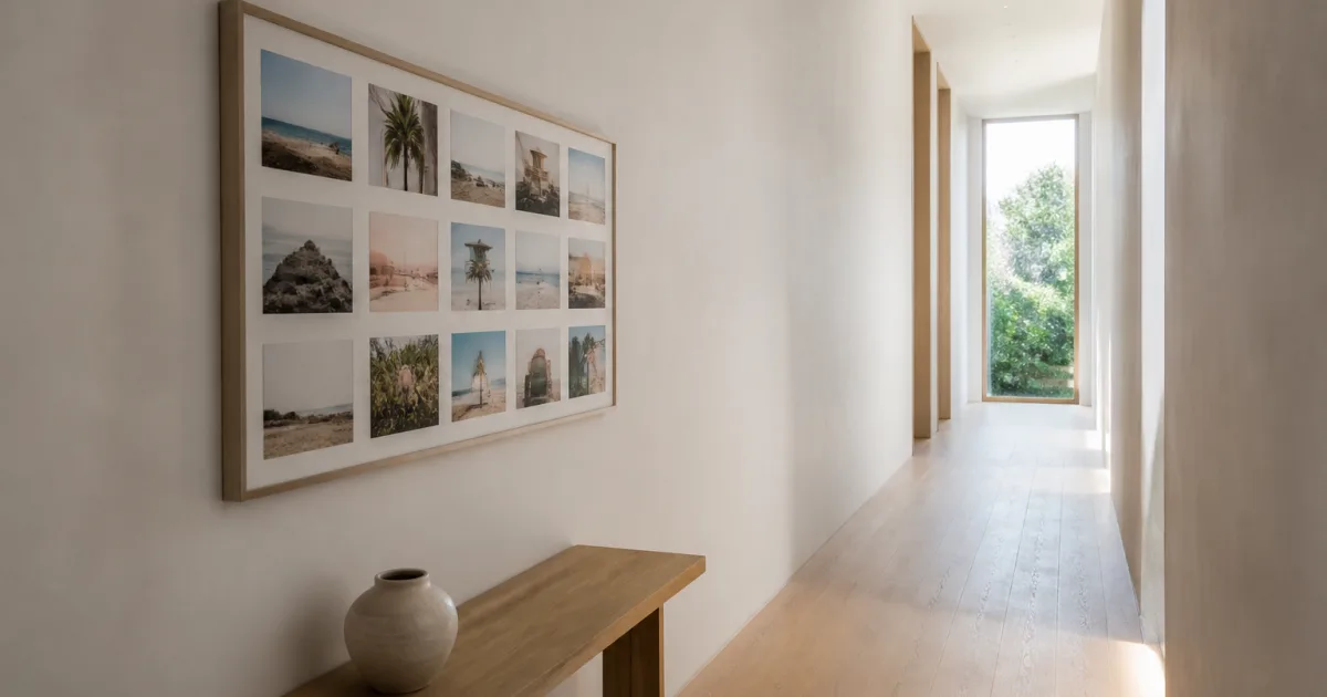 Un grand collage photo encadré accroché au-dessus d'un canapé dans un salon clair
