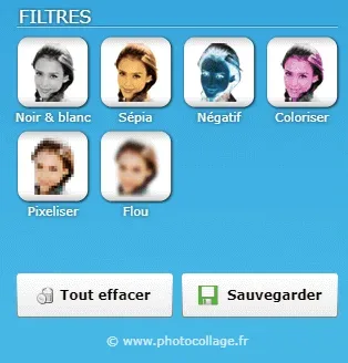 Les six filtres de PhotoCollage : noir et blanc, sépia, négatif, coloriser, pixeliser, flou