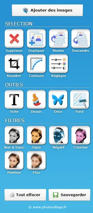 La barre d'outils de PhotoCollage : sélection, recadrage, texte, dessin, déco et fond